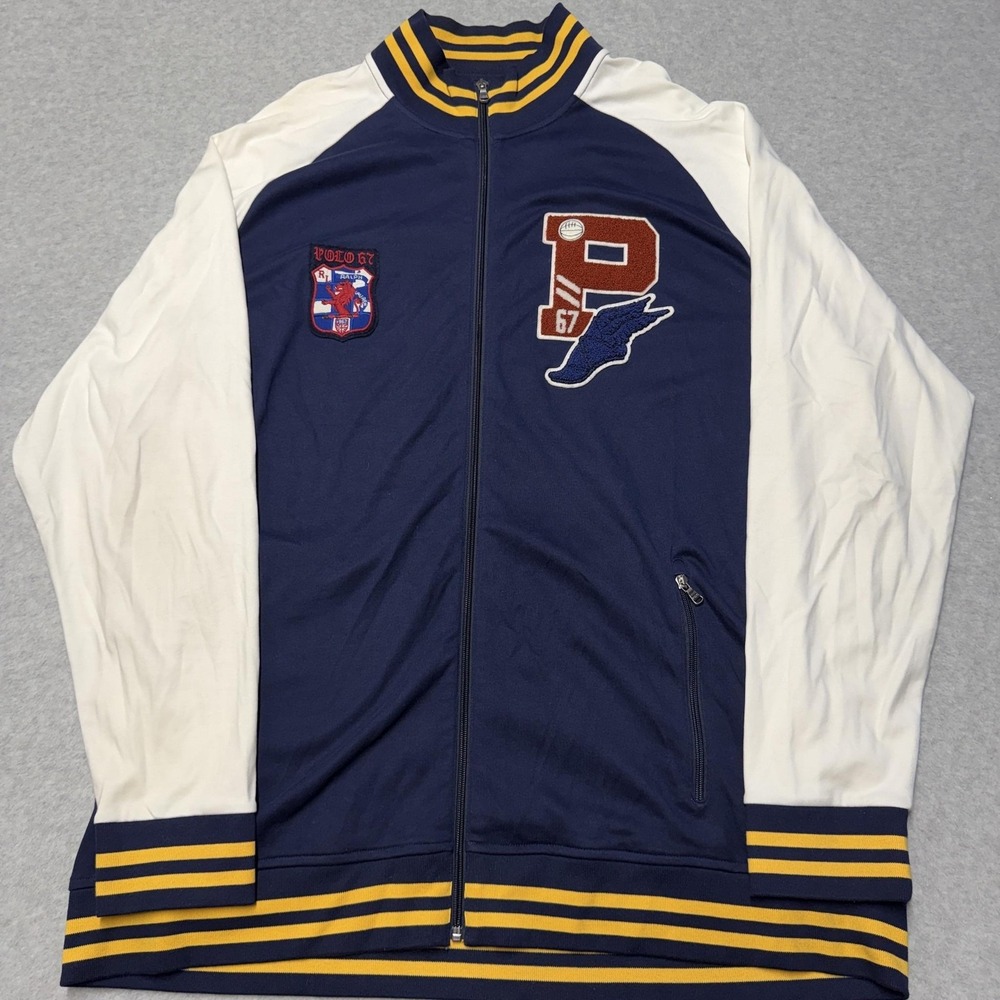 Polo Ralph Lauren Jacket Mens 2XLT Blue White Track Full Zip Varsity P Wing